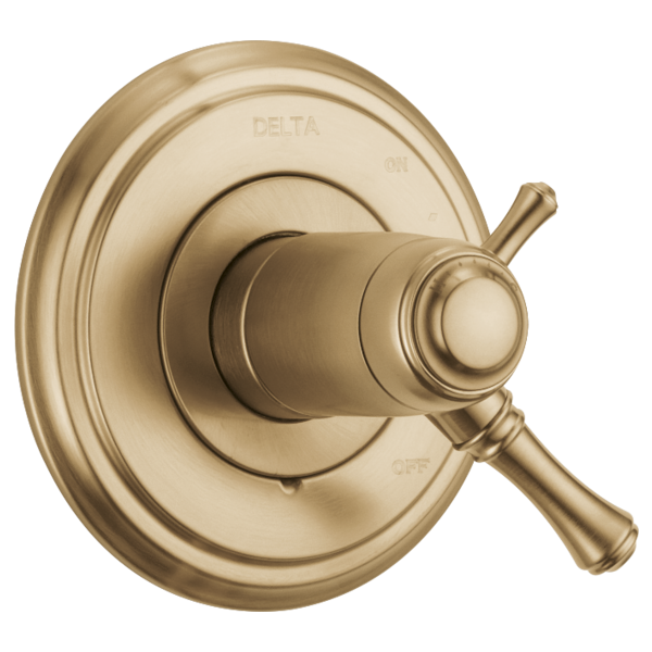 Champagne bronze shower valve trim with round escutcheon plate and lever handle.