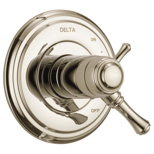 Brushed nickel Delta valve trim with round escutcheon plate, lever handle, and on/off markings.