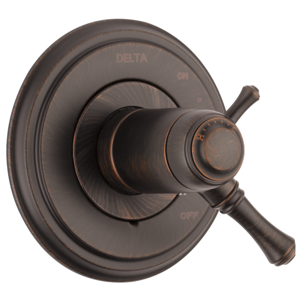 Bronze finish valve trim with round escutcheon plate and cross handle lever, marked with temperature and on/off indicators.