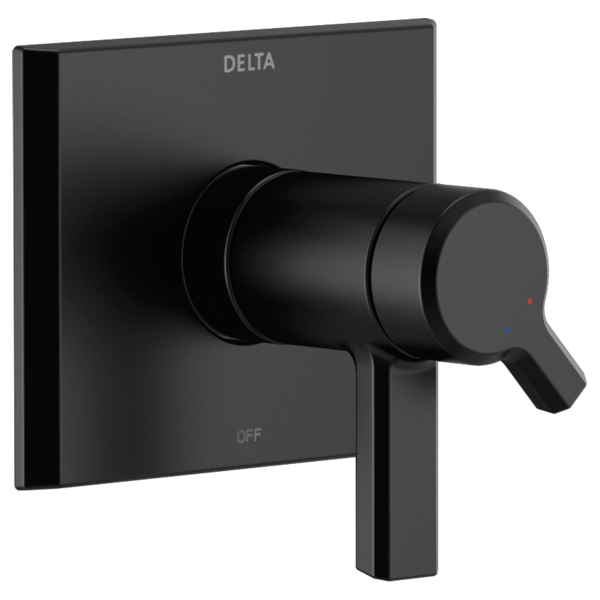Black Delta Pivotal shower valve trim with square escutcheon plate and lever handle on white background.