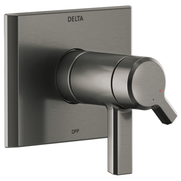 Delta Pivotal TempAssure 17T Series brushed nickel valve trim with square escutcheon and lever handle.