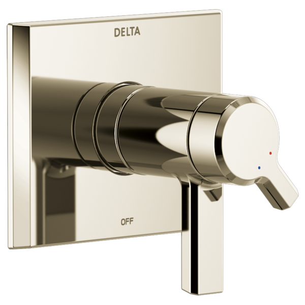 Delta Pivotal TempAssure valve trim with square plate, lever handle, and temperature indicator dots in polished nickel finish