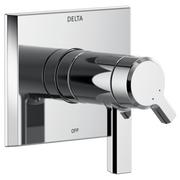 Chrome and black Delta Pivotal valve trim with lever handle, red and blue temperature indicators, and square escutcheon plate