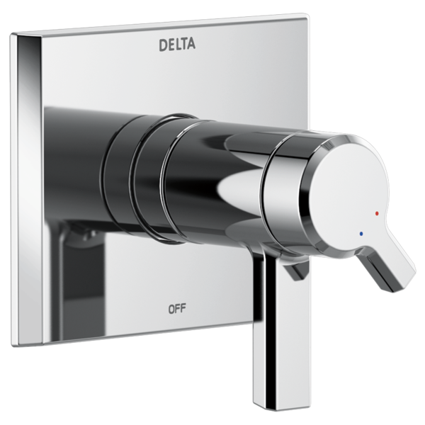 Chrome and black Delta Pivotal valve trim with lever handle, red and blue temperature indicators, and square escutcheon plate