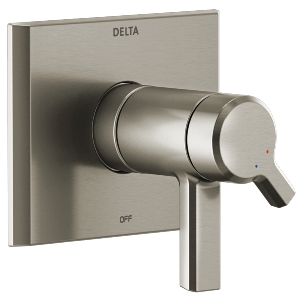 Brushed nickel Delta Pivotal single-handle valve trim with square escutcheon plate and temperature indicator dots.