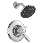Chrome shower trim with black round showerhead and circular valve trim plate with lever handle.