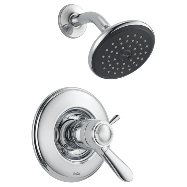 Chrome shower trim with black round showerhead and circular valve trim plate with lever handle.