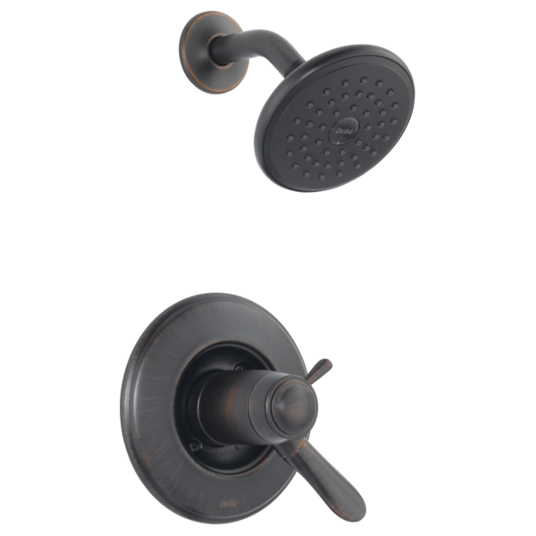 Black Delta shower trim with round showerhead and wall-mounted valve with single lever handle.