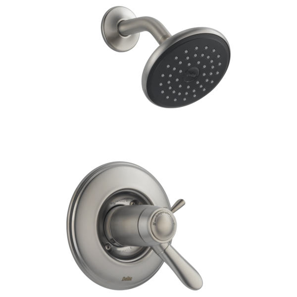 Brushed nickel shower trim with round black showerhead and single lever valve control on circular trim plate.