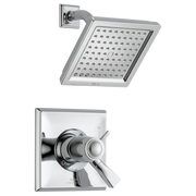 Chrome shower trim with square showerhead and dual-lever valve control featuring square escutcheon plate.