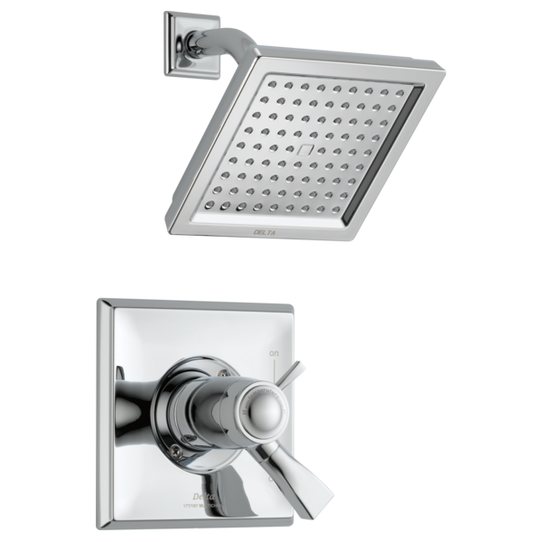 Chrome shower trim with square showerhead and dual-lever valve control featuring square escutcheon plate.