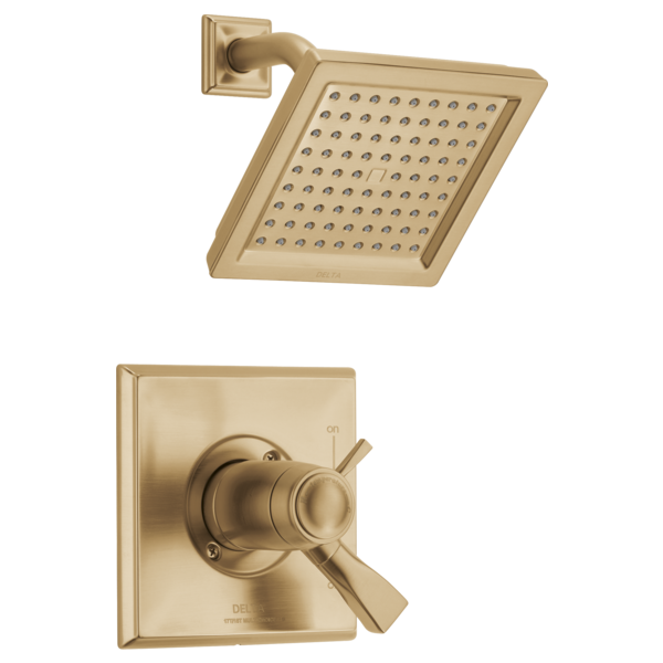 Champagne bronze shower trim with square showerhead and dual-handle valve control.