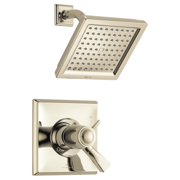 Square brushed nickel shower trim with matching showerhead featuring multiple spray jets and dual lever handles.