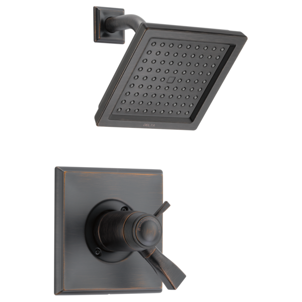 Matte black shower trim with square rainfall head and lever handle control valve.