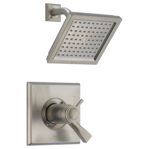 Brushed nickel shower trim with square rain showerhead and dual-handle valve control on square escutcheon plate.