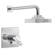 Chrome shower trim with square wall mount, curved arm, and rectangular showerhead with control valve below.