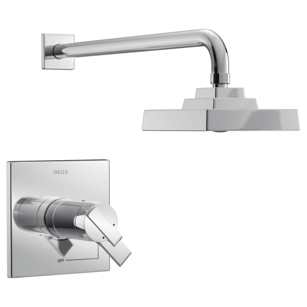 Chrome shower trim with square wall mount, curved arm, and rectangular showerhead with control valve below.