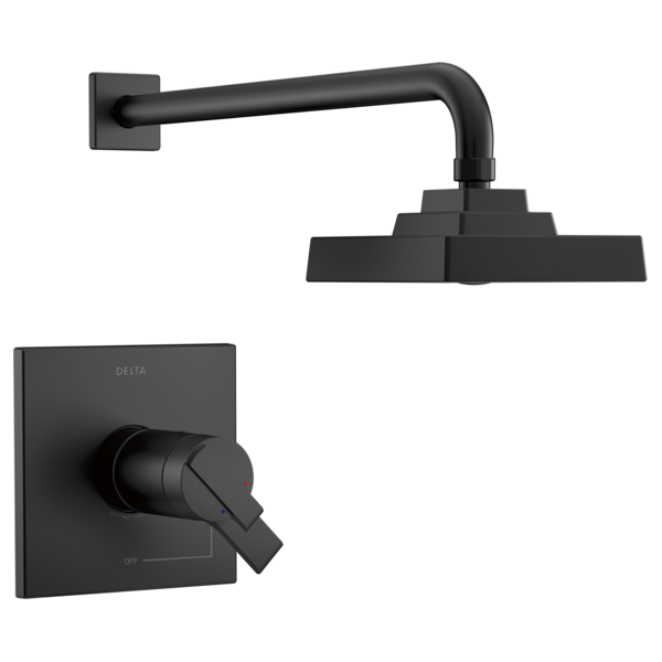 Black shower trim set with square wall-mounted control handle and rectangular overhead showerhead with curved arm.