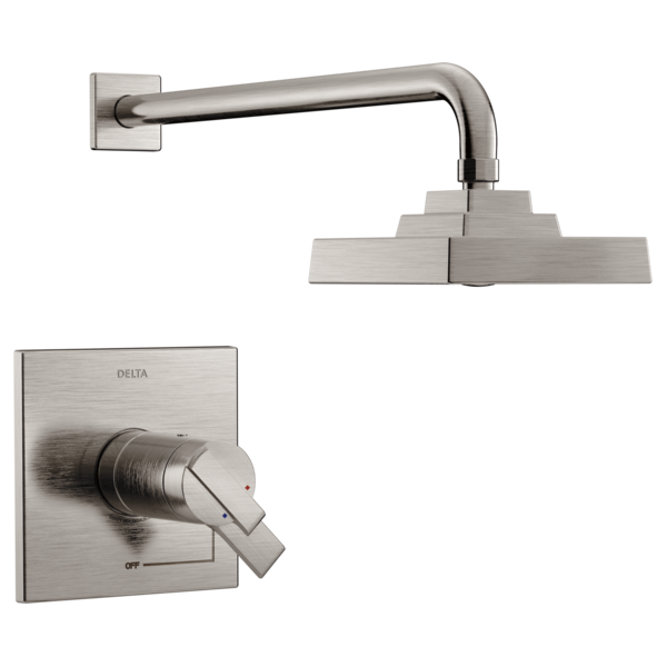 Brushed nickel shower trim with square wall plate, lever handle, and rectangular rainfall showerhead with curved arm.