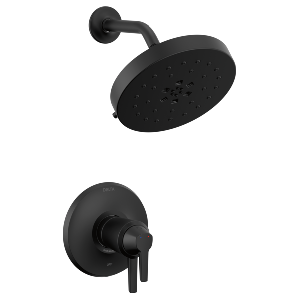 Black Delta shower trim with round showerhead and wall-mounted valve control lever.