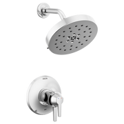 Chrome shower trim with round rainfall showerhead and wall-mounted control valve with lever handle.