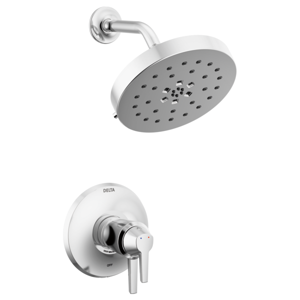 Chrome shower trim with round rainfall showerhead and wall-mounted control valve with lever handle.