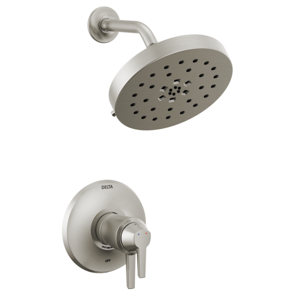 Brushed nickel shower trim with round showerhead and wall-mounted control valve lever.