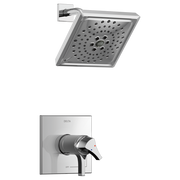 Chrome shower trim with square rainfall showerhead and wall-mounted control valve with lever handle.