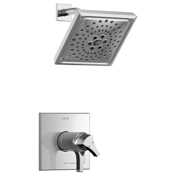 Chrome shower trim with square rainfall showerhead and wall-mounted control valve with lever handle.