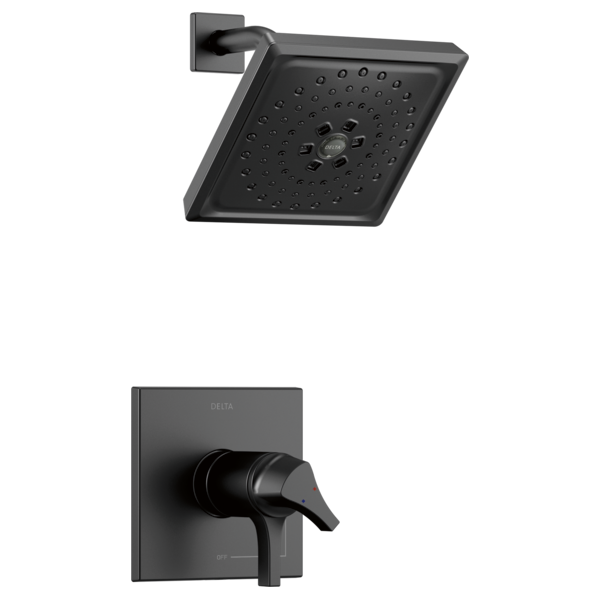 Black square shower head with multiple spray holes and matching wall-mounted trim valve with lever handle.