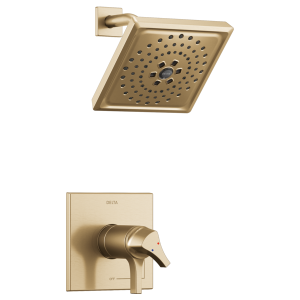 Champagne bronze square showerhead with perforations and matching lever trim valve with rectangular escutcheon.