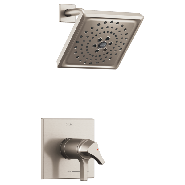 Brushed nickel square showerhead with multiple spray holes and matching wall-mounted trim valve handle.