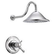Chrome shower trim with curved arm, dome showerhead with spray holes, and round valve trim with dual lever handles.