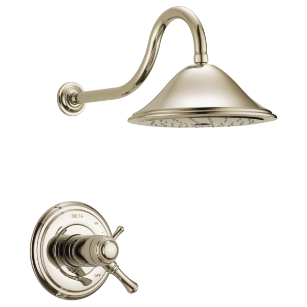 Polished nickel shower trim with curved arm, dome showerhead, and dual-handle valve control.
