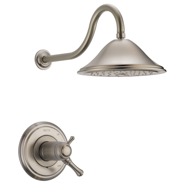 Brushed nickel shower trim with curved arm, dome showerhead, and round valve trim with cross handle.