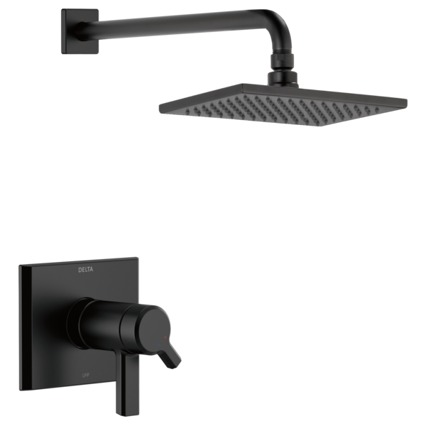 Matte black shower trim with square showerhead, curved arm, and single-handle valve control.