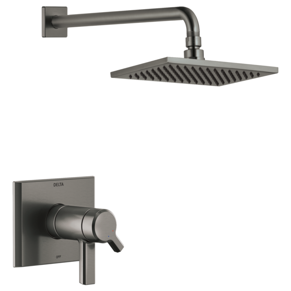 Gunmetal gray shower system with square rainfall showerhead, curved arm, and single-lever wall-mounted valve trim.