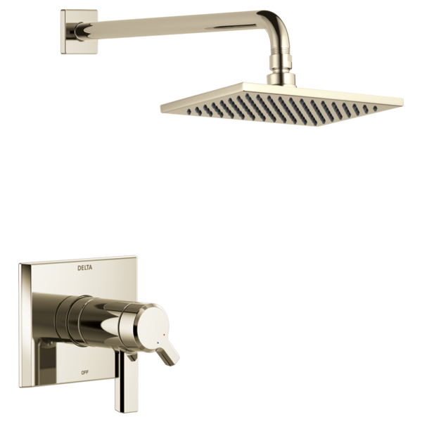 Brushed nickel shower trim with square rainfall showerhead, wall-mounted arm, and lever valve control.