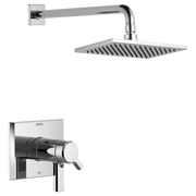 Chrome shower trim with square rainfall showerhead and wall-mounted valve with lever handle.