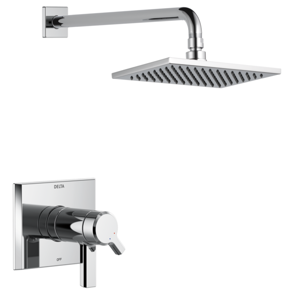Chrome shower trim with square rainfall showerhead and wall-mounted valve with lever handle.