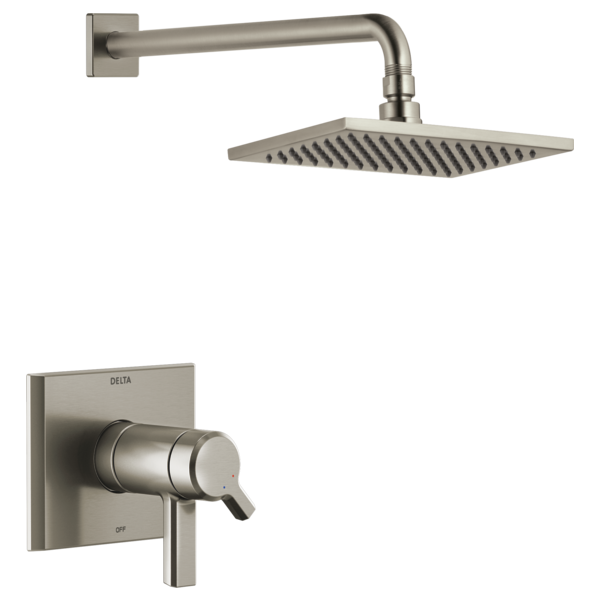 Brushed nickel shower trim with square rainfall showerhead, curved arm, and single-handle control valve.