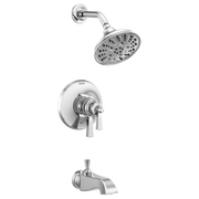 Chrome showerhead with arm, valve trim plate with lever handles, and tub spout.