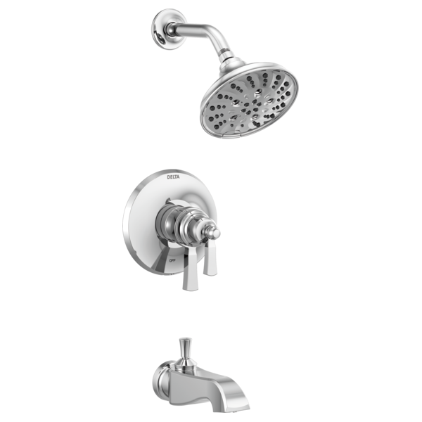 Chrome showerhead with arm, valve trim plate with lever handles, and tub spout.