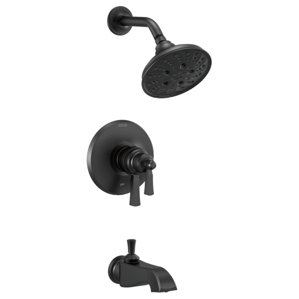 Black matte finish tub and shower trim kit with round showerhead, wall-mounted valve body with lever handles, and tub spout.