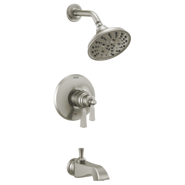 Brushed nickel tub and shower trim set with round showerhead, wall-mounted valve, and tub spout.