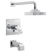 Chrome tub and shower trim with square showerhead, valve trim plate, and tub spout.