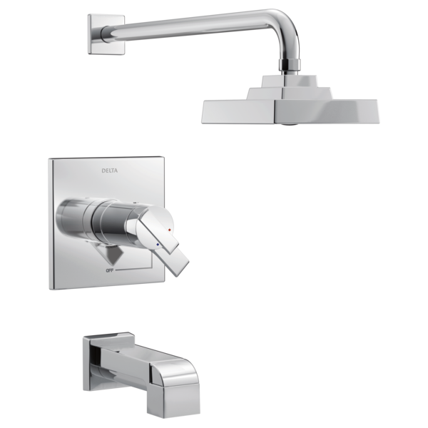 Chrome tub and shower trim with square showerhead, valve trim plate, and tub spout.