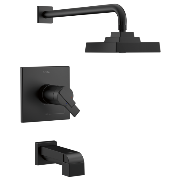 Black tub and shower trim set with square showerhead, angled spout, and wall-mounted valve control.