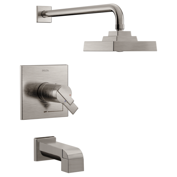 Brushed nickel tub and shower trim with square showerhead, wall-mounted spout, and lever handle valve.