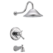 Chrome tub and shower trim with curved overhead showerhead, wall-mounted valve with cross handles, and tub spout.